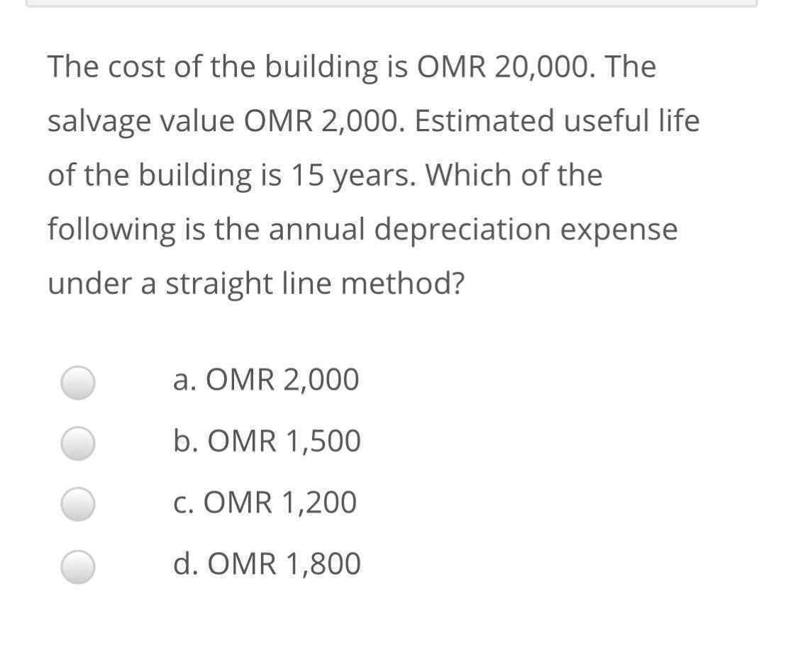 The cost of the building is OMR 20,000. The
salvage value OMR 2,000. Estimated useful life
of the building is 15 years. Which of the
following is the annual depreciation expense
under a straight line method?
a. OMR 2,000
b. OMR 1,500
c. OMR 1,200
d. OMR 1,800
