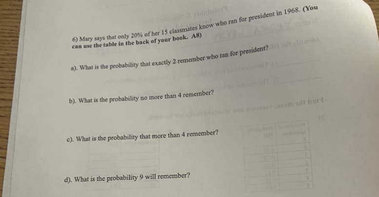 nlidedon
Caay says that only 20% of her 15 classmates know who ran for president in 1968. (You
can use the table in the back of your book. A8)
b). What is the probability no more than 4 remember?
AY am adt bni
c). What is the probability that more than 4 remember?
d). What is the probability 9 will remember?
