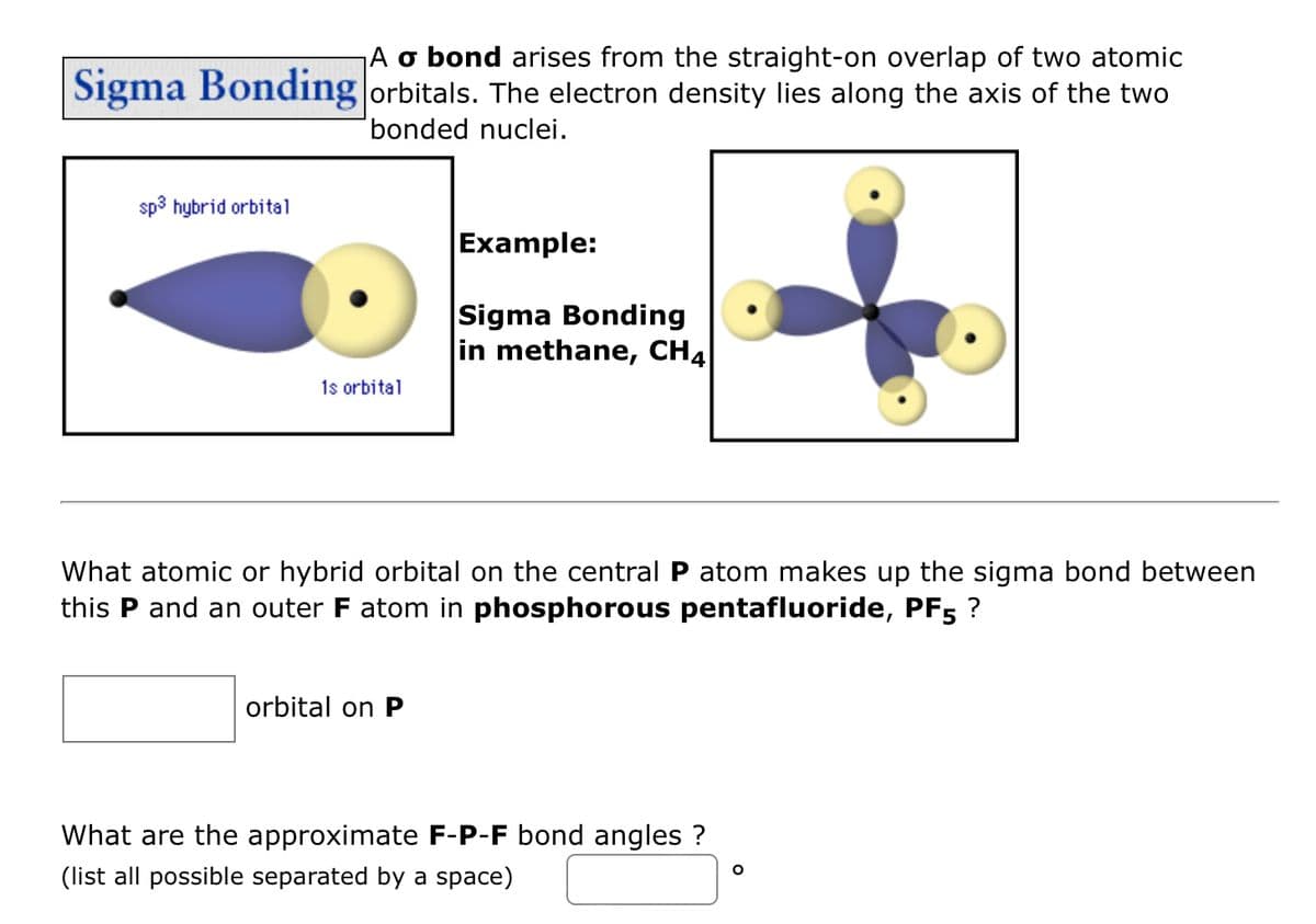 A o bond arises from the straight-on overlap of two atomic
Sigma Bonding orbitals. The electron density lies along the axis of the two
bonded nuclei.
sp3 hybrid orbital
Example:
Sigma Bonding
in methane, CH4
1s orbital
What atomic or hybrid orbital on the central P atom makes up the sigma bond between
this P and an outer F atom in phosphorous pentafluoride, PF5 ?
orbital on P
What are the approximate F-P-F bond angles ?
(list all possible separated by a space)

