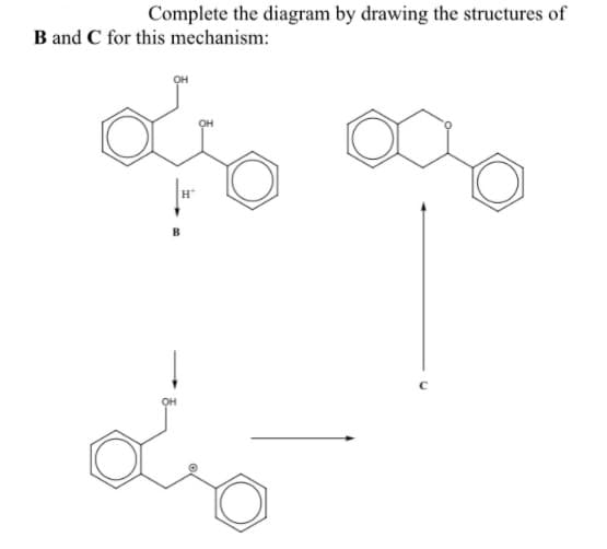 Complete the diagram by drawing the structures of
B and C for this mechanism:
H*
B
do
