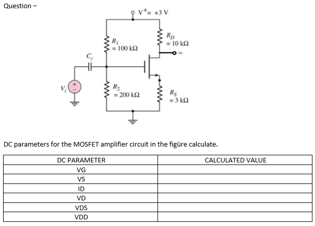 Question -
v*= +3 V
R
= 100 k2
Rp
= 10 kf2
Vo
R2
= 200 k£2
Rs
= 3 k2
DC parameters for the MOSFET amplifier circuit in the figüre calculate.
DC PARAMETER
CALCULATED VALUE
VG
VS
ID
VD
VDS
VDD
ww
