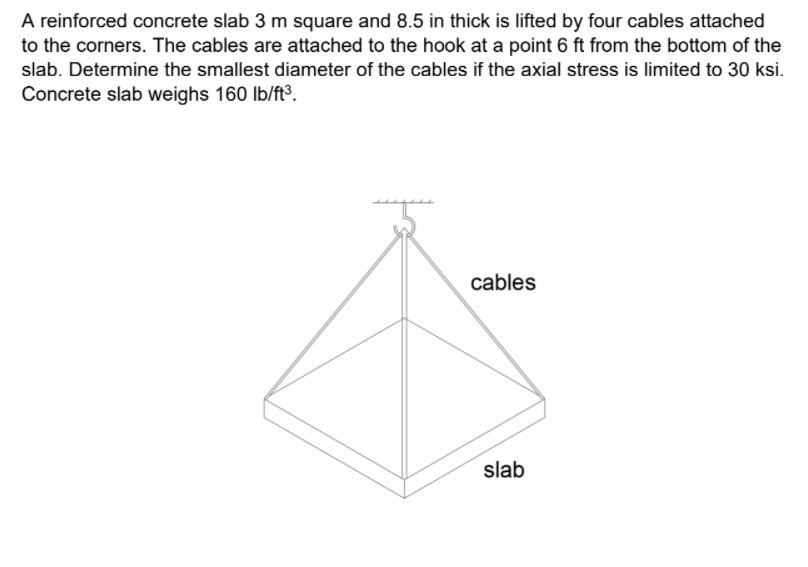 A reinforced concrete slab 3 m square and 8.5 in thick is lifted by four cables attached
to the corners. The cables are attached to the hook at a point 6 ft from the bottom of the
slab. Determine the smallest diameter of the cables if the axial stress is limited to 30 ksi.
Concrete slab weighs 160 lb/ft³.
cables
slab
