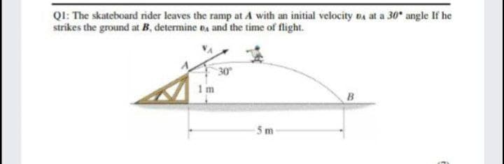 QI: The skateboard rider leaves the ramp at A with an initial velocity DA at a 30 angle If he
strikes the ground at B, determine Da and the time of flight.
30
1m
5 m

