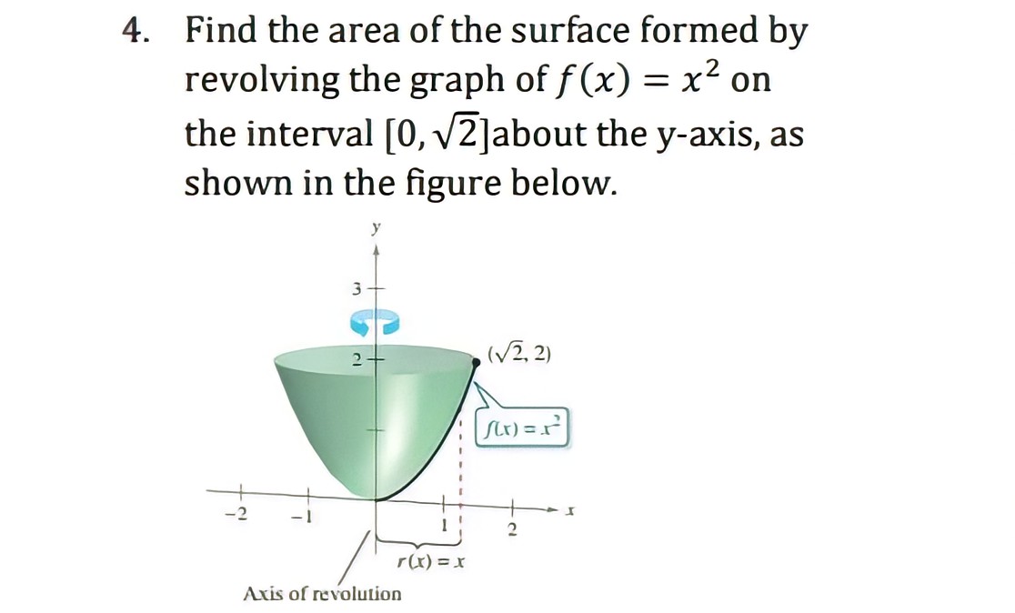 4. Find the area of the surface formed by
revolving the graph of f(x) = x² on
the interval [0, √2]about the y-axis, as
shown in the figure below.
3
2
y
r(x) = x
Axis of revolution
(√2,2)
f(x)=x²
2
I