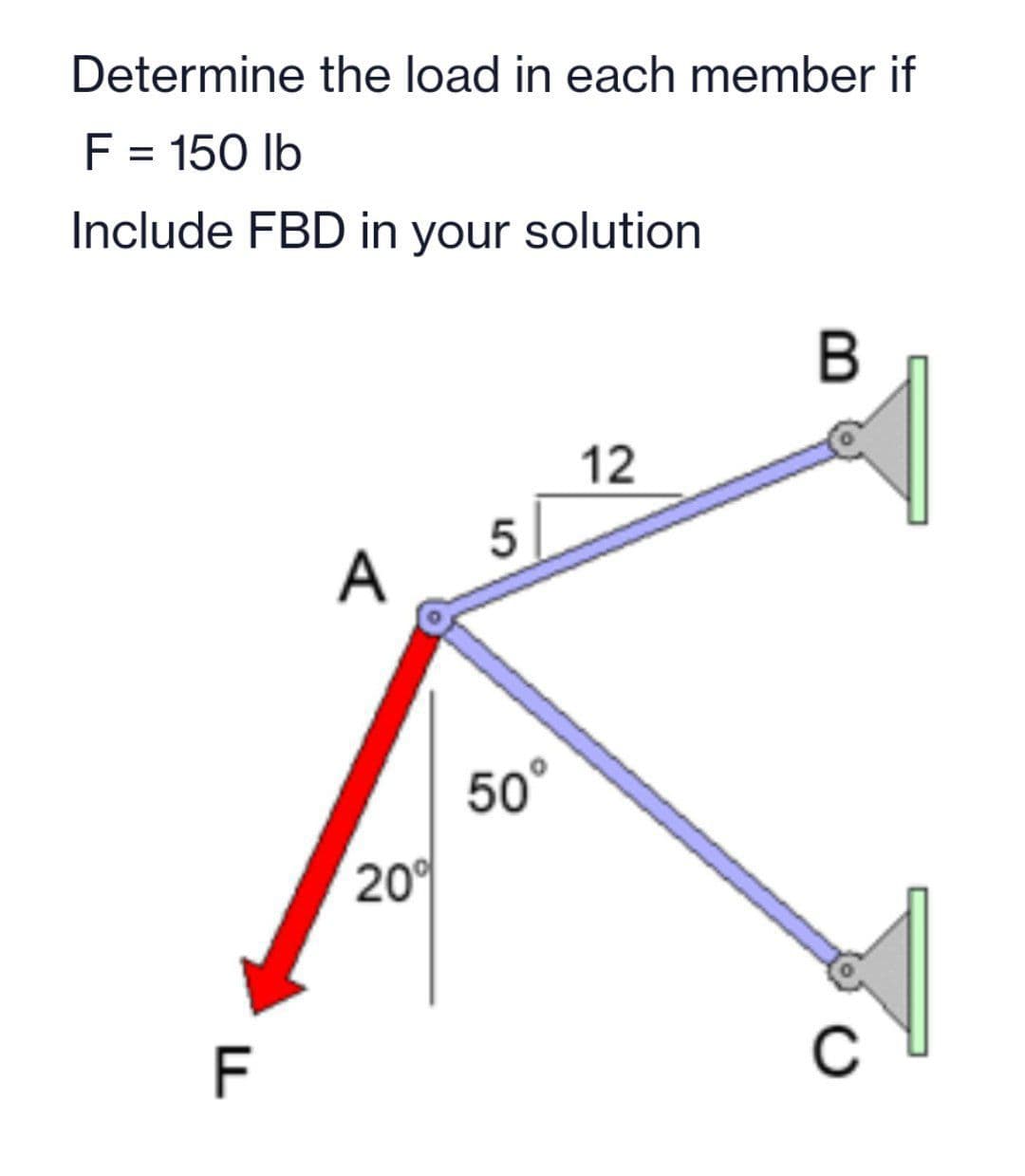 Determine the load in each member if
F = 150 lb
%D
Include FBD in your solution
12
A
50°
20°
F
