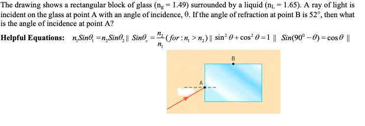 The drawing shows a rectangular block of glass (ng = 1.49) surrounded by a liquid (n₁ = 1.65). A ray of light is
incident on the glass at point A with an angle of incidence, 0. If the angle of refraction at point B is 52°, then what
is the angle of incidence at point A?
Helpful Equations: n, Sin=n₂Sin0₂ || Sino
=
¹2 (for:n, >n₂) || sin² 0 + cos² 0=1 || Sin(90° - 0) = cos ||
n₁
B