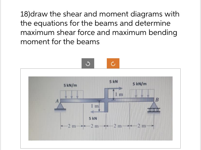 18)draw the shear and moment diagrams with
the equations for the beams and determine
maximum shear force and maximum bending
moment for the beams
A
5 kN/m
1 m
5 kN
5 kN
1m
5 kN/m
-2 m2 m2 m2 m-
B