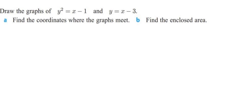 Draw the graphs of y? = x -1 and y = x - 3.
a Find the coordinates where the graphs meet.
b Find the enclosed area.
