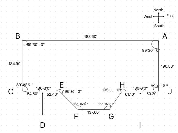 B
D89°30' 0"
488.60'
184.90'
C
89°45' 0"
180°0'0"
54.60'
52.40'
E
West+
North
st+
South
A
East
89°30' 0"
190.50'
H
89°45'0"
195'30' 0"
195 30' 0"
180°0'0"
61.10'
50.20'
J
D
165'15'0"
F
137.60'
165 15' 0%
G