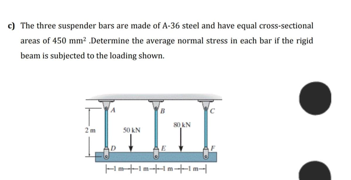 c) The three suspender bars are made of A-36 steel and have equal cross-sectional
areas of 450 mm² .Determine the average normal stress in each bar if the rigid
beam is subjected to the loading shown.
A
B
C
80 kN
2 m
50 kN
E
F
-m|-1 m1 m-1m-|
