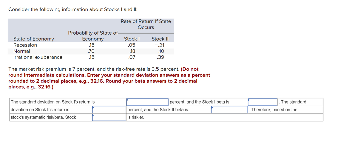 Consider the following information about Stocks I and II:
Rate of Return If State
Occurs
Probability of State of-
Economy
State of Economy
Stock I
Stock II
Recession
.15
.05
-.21
Normal
70
.18
.10
Irrational exuberance
.15
.07
.39
The market risk premium is 7 percent, and the risk-free rate is 3.5 percent. (Do not
round intermediate calculations. Enter your standard deviation answers as a percent
rounded to 2 decimal places, e.g., 32.16. Round your beta answers to 2 decimal
places, e.g., 32.16.)
The standard deviation on Stock I's return is
percent, and the Stock I beta is
The standard
deviation on Stock Il's return is
percent, and the Stock II beta is
Therefore, based on the
stock's systematic risk/beta, Stock
is riskier.
