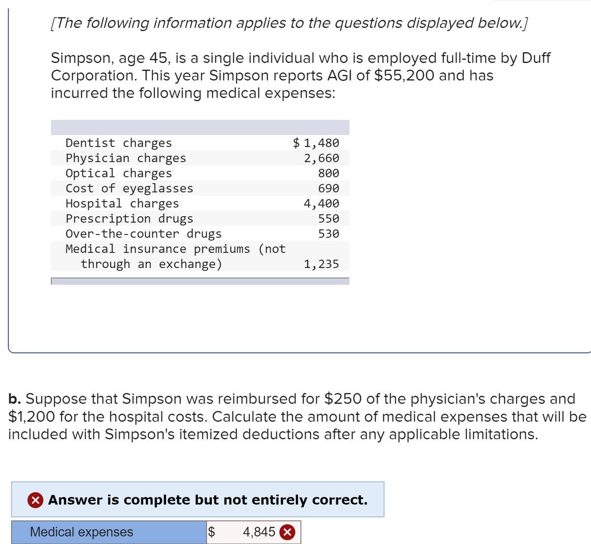 [The following information applies to the questions displayed below.]
Simpson, age 45, is a single individual who is employed full-time by Duff
Corporation. This year Simpson reports AGI of $55,200 and has
incurred the following medical expenses:
Dentist charges
Physician charges
Optical charges
Cost of eyeglasses
Hospital charges
Prescription drugs
Over-the-counter drugs
Medical insurance premiums (not
through an exchange)
$ 1,480
2,660
800
690
4,400
550
530
1,235
b. Suppose that Simpson was reimbursed for $250 of the physician's charges and
$1,200 for the hospital costs. Calculate the amount of medical expenses that will be
included with Simpson's itemized deductions after any applicable limitations.
X Answer is complete but not entirely correct.
Medical expenses
4,845 X
