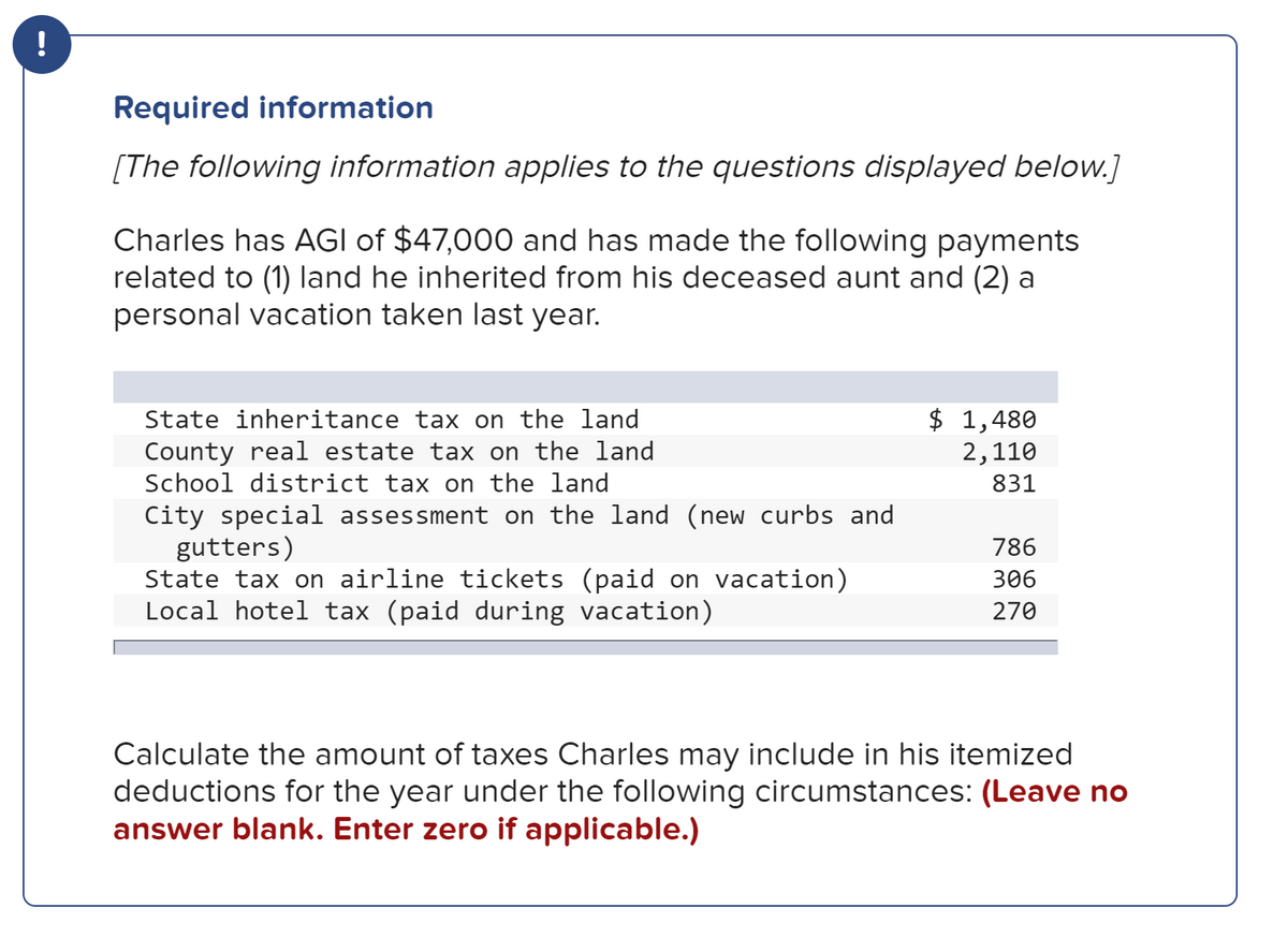 !
Required information
[The following information applies to the questions displayed below.]
Charles has AGI of $47,000 and has made the following payments
related to (1) land he inherited from his deceased aunt and (2) a
personal vacation taken last year.
State inheritance tax on the land
County real estate tax on the land
School district tax on the land
$ 1,480
2,110
831
City special assessment on the land (new curbs and
gutters)
State tax on airline tickets (paid on vacation)
Local hotel tax (paid during vacation)
786
306
270
Calculate the amount of taxes Charles may include in his itemized
deductions for the year under the following circumstances: (Leave no
answer blank. Enter zero if applicable.)
