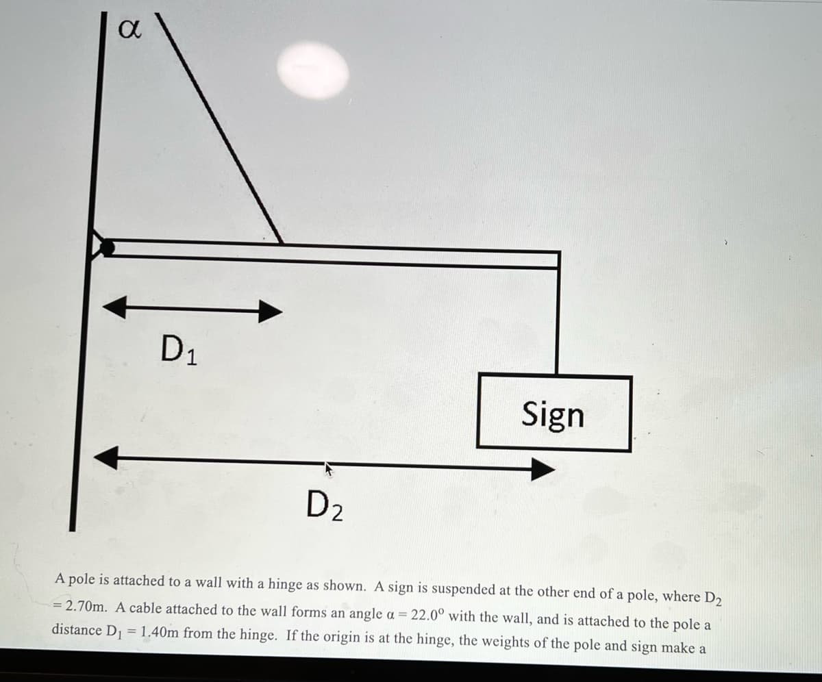 D1
Sign
D2
A pole is attached to a wall with a hinge as shown. A sign is suspended at the other end of a pole, where D2
= 2.70m. A cable attached to the wall forms an angle a = 22.0° with the wall, and is attached to the pole a
distance D1 = 1.40m from the hinge. If the origin is at the hinge, the weights of the pole and sign make a

