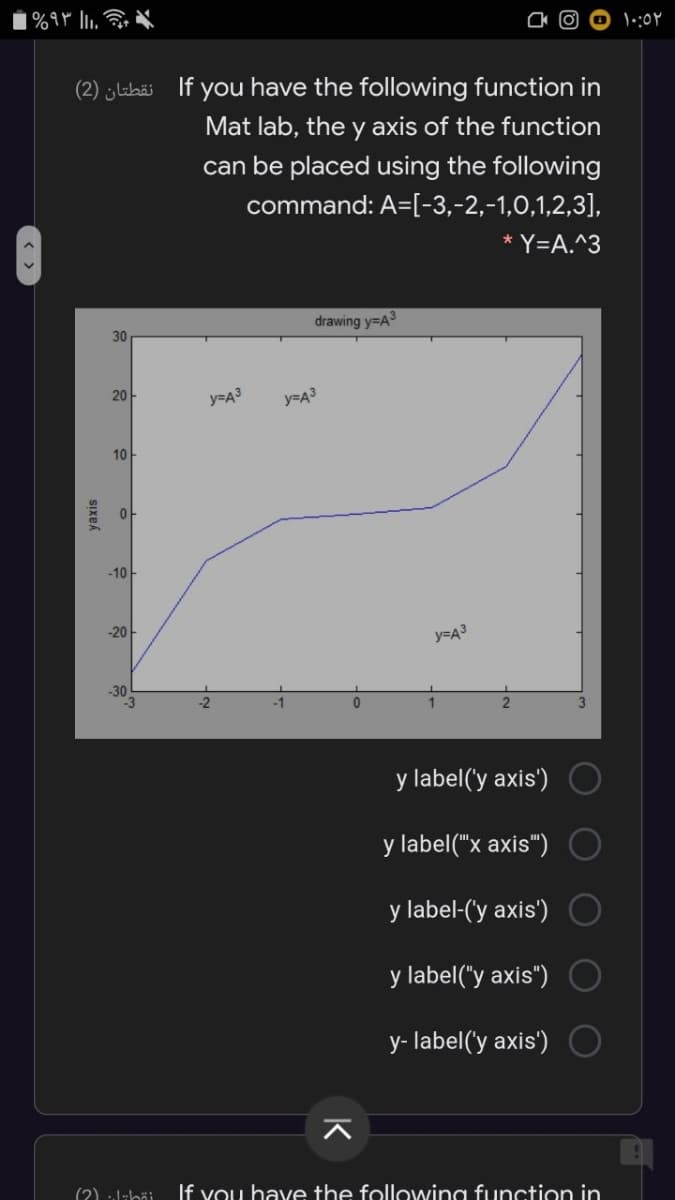 نقطتان )2(
If
you have the following function in
Mat lab, the y axis of the function
can be placed using the following
command: A=[-3,-2,-1,0,1,2,3],
Y=A.^3
drawing y=A3
30
20-
y=A3
y=A3
10
-10
-20-
y=A3
-30
y label('y axis')
y label("x axis")
y label-('y axis')
y label("y axis")
y- label('y axis')
(2) J-bäi
If vou have the following function in
SIxek
