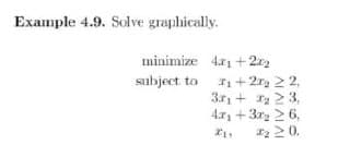 Example 4.9. Solve graphically.
minimize 4x1 +2r2
+2r, 2 2,
3.r1 + 12 2 3,
4.x1 +3r2 26,
subject to
220.
