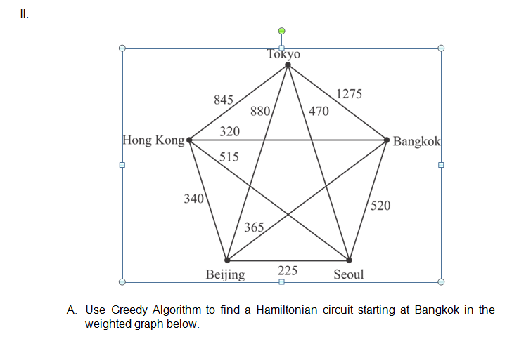 I.
Tokyo
1275
845
880,
470
320
Hong Kong
Bangkok
515
340
/520
365
225
Beijing
Seoul
A. Use Greedy Algorithm to find a Hamiltonian circuit starting at Bangkok in the
weighted graph below.

