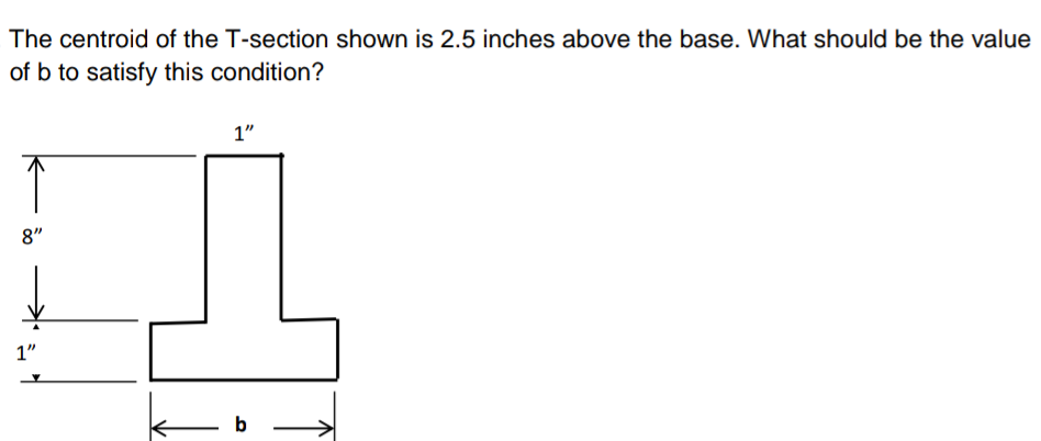 The centroid of the T-section shown is 2.5 inches above the base. What should be the value
of b to satisfy this condition?
8"
1"
1"
b