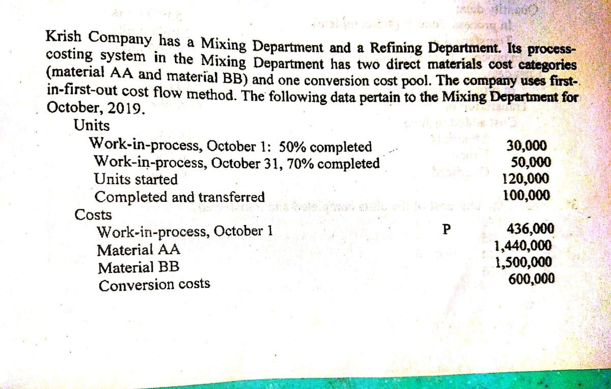 Krish Company has a Mixing Department and a Refining Department. Its process-
costing system in the Mixing Department has two direct materials cost categories
(material AA and material BB) and one conversion cost pool. The company uses first-
in-first-out cost flow method. The following data pertain to the Mixing Department for
October, 2019.
Units
Work-in-process, October 1: 50% completed
Work-in-process, October 31, 70% completed
Units started
30,000
50,000
120,000
100,000
Completed and transferred
Costs
Work-in-process, October 1
Material AA
Material BB
436,000
1,440,000
1,500,000
600,000
P
Conversion costs
