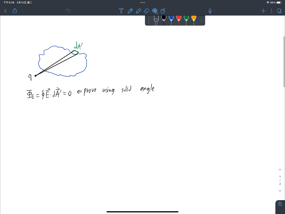 下午 6:06 3月14日 週二
S
da'
Ž
T
9
BE = § È · dÃ¹ = 0 = prove using solid angle
86%
+:
<
1
/
2