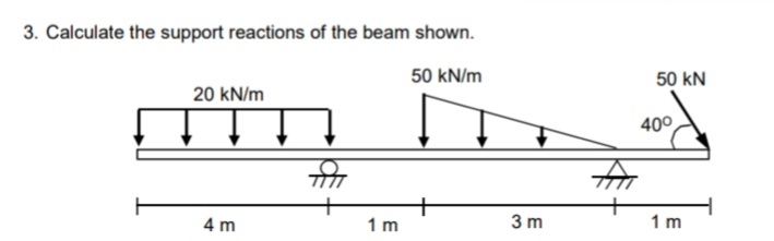 3. Calculate the support reactions of the beam shown.
50 kN/m
50 kN
20 kN/m
40°
4 m
1 m
3 m
1 m

