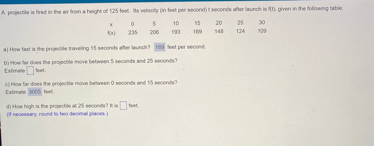 A projectile is fired in the air from a height of 125 feet. Its velocity (in feet per second) t seconds after launch is f(t), given in the following table.
0
5
10
15
20
X
25
30
f(x)
235
206
193
169
148
124
109
a) How fast is the projectile traveling 15 seconds after launch? 169 feet per second.
b) How far does the projectile move between 5 seconds and 25 seconds?
Estimate feet.
c) How far does the projectile move between 0 seconds and 15 seconds?
Estimate 3005 feet.
d) How high is the projectile at 25 seconds? It is feet.
(If necessary, round to two decimal places.)