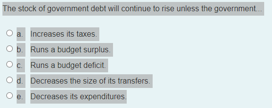 The stock of government debt will continue to rise unless the government.
a. Increases its taxes.
b. Runs a budget surplus.
c. Runs a budget deficit.
d. Decreases the size of its transfers.
e. Decreases its expenditures.
