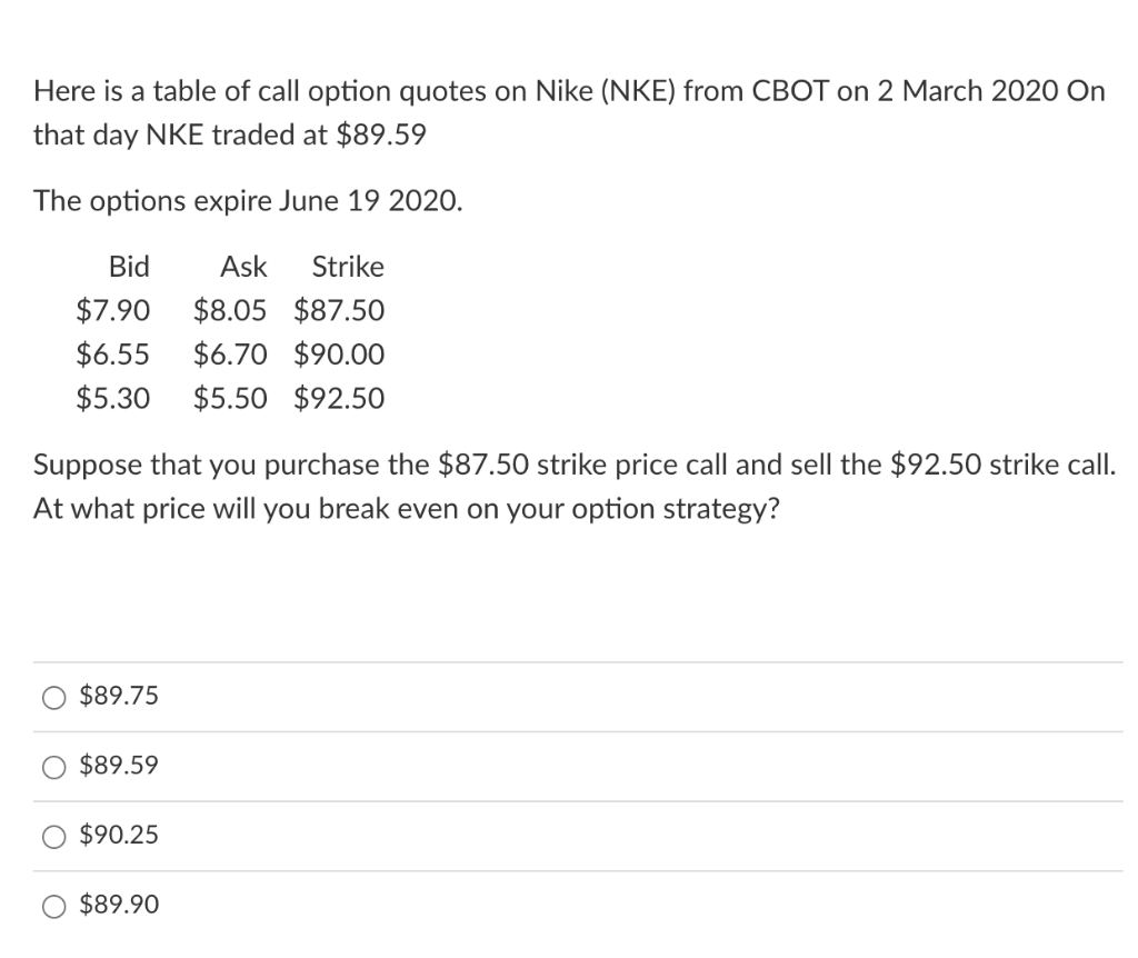 Here is a table of call option quotes on Nike (NKE) from CBOT on 2 March 2020 On
that day NKE traded at $89.59
The options expire June 19 2020.
Bid
Ask
Strike
$7.90
$8.05 $87.50
$6.55
$6.70 $90.00
$5.30
$5.50 $92.50
Suppose that you purchase the $87.50 strike price call and sell the $92.50 strike call.
At what price will you break even on your option strategy?
$89.75
$89.59
$90.25
$89.90
