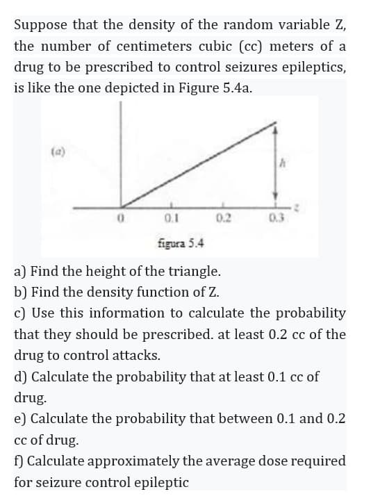 Suppose that the density of the random variable Z,
the number of centimeters cubic (cc) meters of a
drug to be prescribed to control seizures epileptics,
is like the one depicted in Figure 5.4a.
(a)
0.1
figura 5.4
0.2
A
0.3
a) Find the height of the triangle.
b) Find the density function of Z.
c) Use this information to calculate the probability
that they should be prescribed. at least 0.2 cc of the
drug to control attacks.
d) Calculate the probability that at least 0.1 cc of
drug.
e) Calculate the probability that between 0.1 and 0.2
cc of drug.
f) Calculate approximately the average dose required
for seizure control epileptic