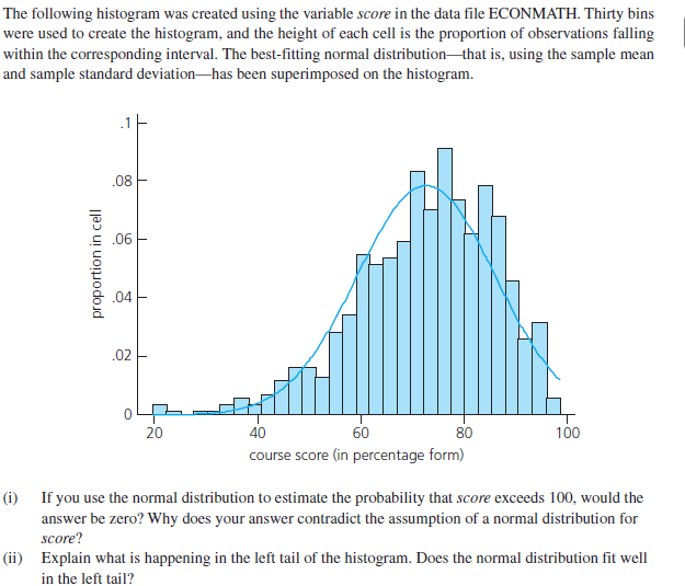 The following histogram was created using the variable score in the data file ECONMATH. Thirty bins
were used to create the histogram, and the height of each cell is the proportion of observations falling
within the corresponding interval. The best-fitting normal distribution-that is, using the sample mean
and sample standard deviation-has been superimposed on the histogram.
.08
.06
.04
.02
0모
20
40
60
100
course score (in percentage form)
SC
(i) If you use the normal distribution to estimate the probability that score exceeds 100, would the
answer be zero? Why does your answer contradict the assumption of a normal distribution for
score?
(ii) Explain what is happening in the left tail of the histogram. Does the normal distribution fit well
in the left tail?
proportion in cell
