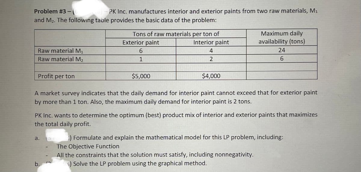 Problem #3 - S) - PK Inc. manufactures interior and exterior paints from two raw materials, M1
and M2. The following table provides the basic data of the problem:
Maximum daily
Tons of raw materials per ton of
Exterior paint
Interior paint
availability (tons)
Raw material M1
6.
4
24
Raw material M2
1
6.
Profit per ton
$5,000
$4,000
A market survey indicates that the daily demand for interior paint cannot exceed that for exterior paint
by more than 1 ton. Also, the maximum daily demand for interior paint is 2 tons.
PK Inc. wants to determine the optimum (best) product mix of interior and exterior paints that maximizes
the total daily profit.
5) Formulate and explain the mathematical model for this LP problem, including:
a.
The Objective Function
All the constraints that the solution must satisfy, including nonnegativity.
s) Solve the LP problem using the graphical method.
b.

