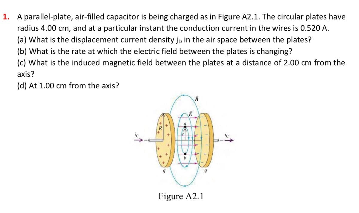 1. A parallel-plate, air-filled capacitor is being charged as in Figure A2.1. The circular plates have
radius 4.00 cm, and at a particular instant the conduction current in the wires is 0.520 A.
(a) What is the displacement current density jo in the air space between the plates?
(b) What is the rate at which the electric field between the plates is changing?
(c) What is the induced magnetic field between the plates at a distance of 2.00 cm from the
axis?
(d) At 1.00 cm from the axis?
R
9
a
b
-9
Figure A2.1