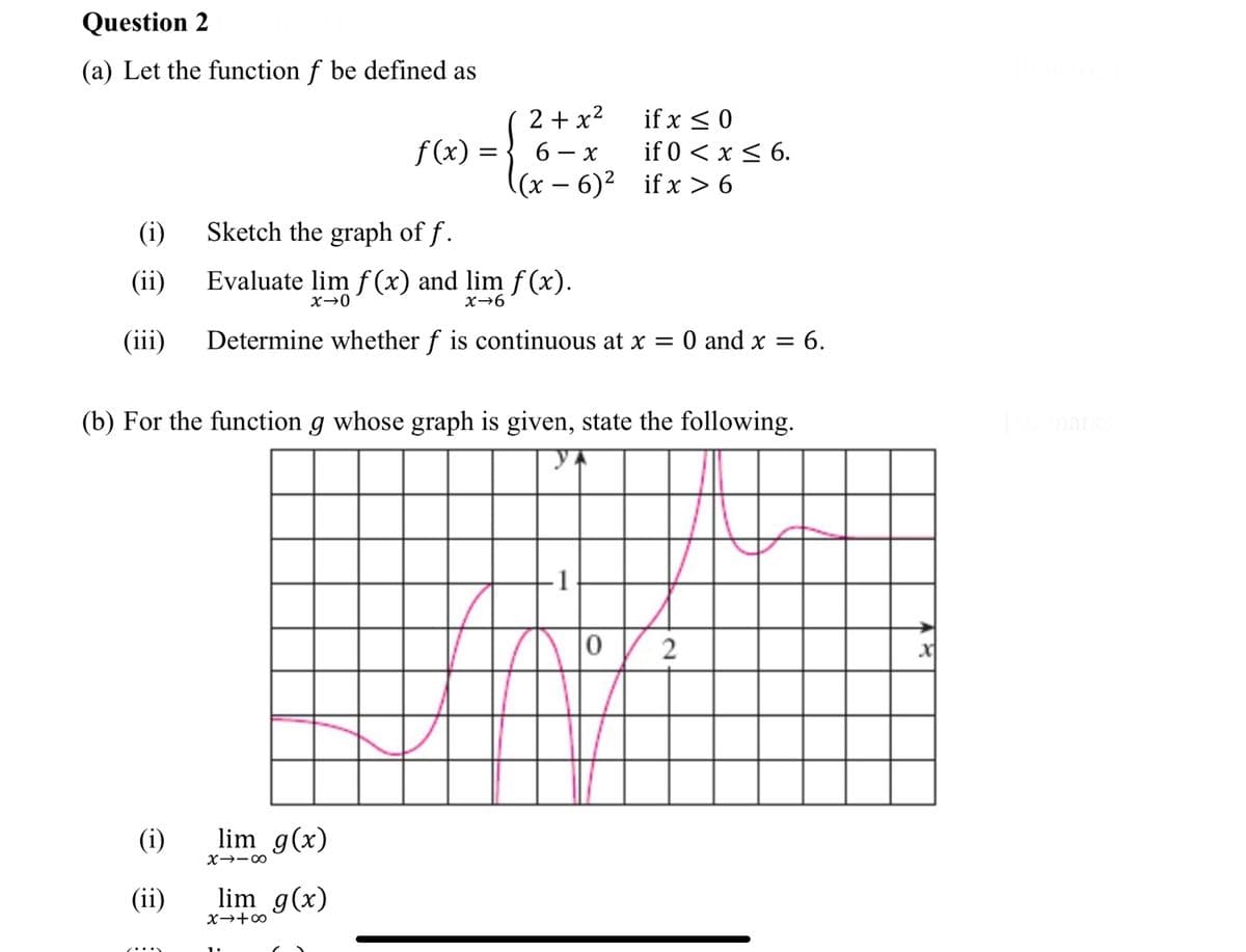 Question 2
(a) Let the function f be defined as
if x <0
if 0 < x < 6.
(х — 6)2 ifx >6
2 + x2
f (x) =
6 - x
(i)
Sketch the graph of f .
(ii)
Evaluate lim f (x) and lim f (x).
X→0
X→6
(iii)
Determine whether f is continuous at x = 0 and x = 6.
(b) For the function g whose graph is given, state the following.
-1
(i)
lim g(x)
X→-00
(ii)
lim g(x)
X→+∞
