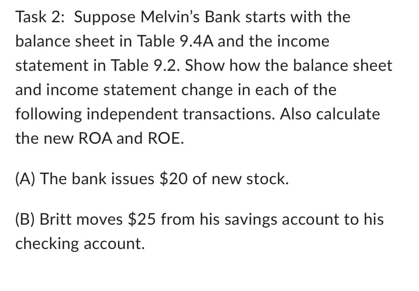 Task 2: Suppose Melvin's Bank starts with the
balance sheet in Table 9.4A and the income
statement in Table 9.2. Show how the balance sheet
and income statement change in each of the
following independent transactions. Also calculate
the new ROA and ROE.
(A) The bank issues $20 of new stock.
(B) Britt moves $25 from his savings account to his
checking account.