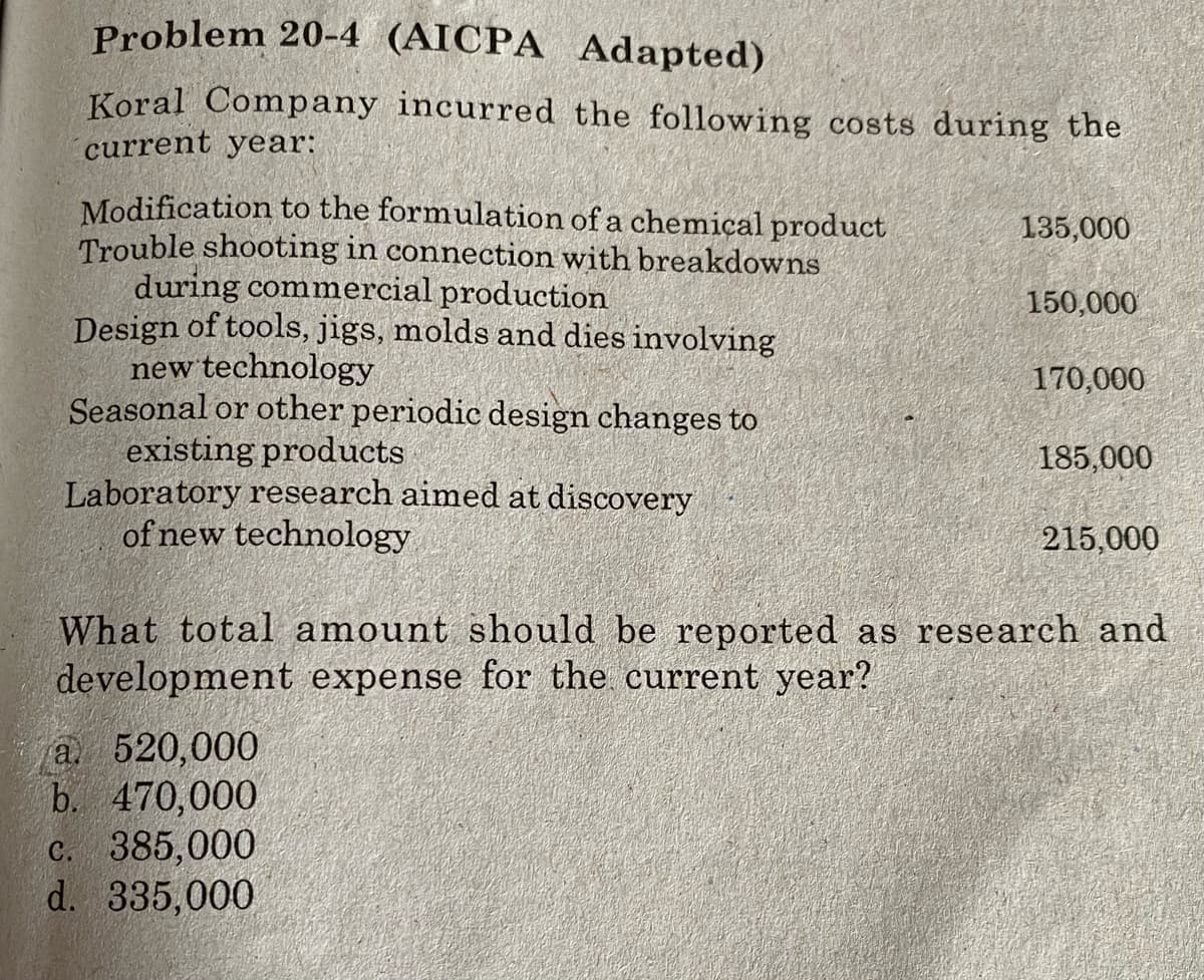 Problem 20-4 (AICPA Adapted)
Koral Company incurred the following costs during the
current year:
Modification to the formulation of a chemiçal product
Trouble shooting in connection with breakdowns
during commercial production
Design of tools, jigs, molds and dies involving
new technology
Seasonal or other periodic design changes to
existing products
Laboratory research aimed at discovery
of new technology
135,000
150,000
170,000
185,000
215,000
What total amount should be reported as research and
development expense for the current year?
а. 520,000
b. 470,000
385,000
d. 335,000
C.
