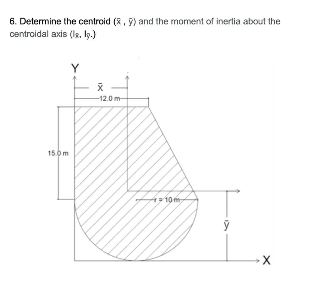 6. Determine the centroid (X , ỹ) and the moment of inertia about the
centroidal axis (Ix, lỹ.)
Y
-12.0 m-
15.0 m
4=10m
ỹ
IX
