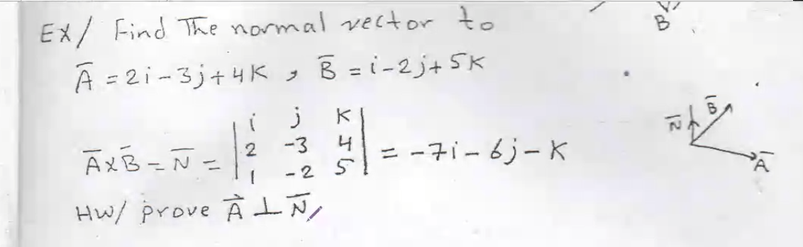 EX/ Find The normal vector to
A = 2i-3j+4K, B =i-2j+ 5K
%3D
ĀxB =Ñ =1?
ĀXB=N
-3
4
= -7i-6j-K
%3D
- 2 5
Hw/ prove À tLÑ,
12

