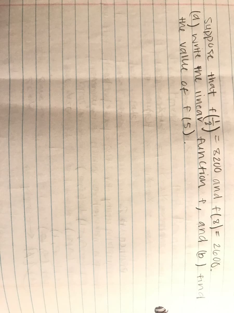 = 8200 and f(8)= 2600.
Suppose that f
(a) write tne lineav ffun Ction f, and b) tind
the valle of f15).
