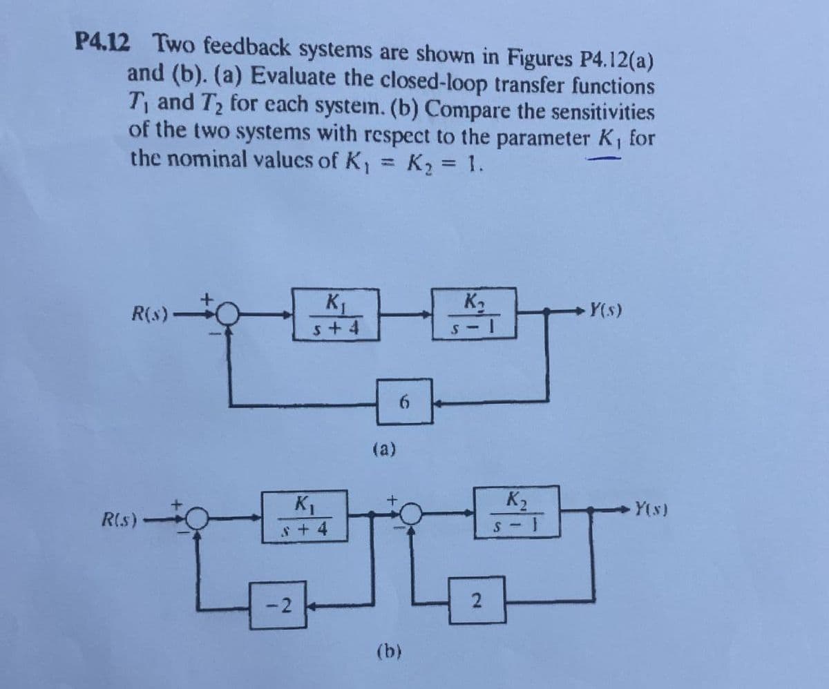 P4.12 Two feedback systems are shown in Figures P4.12(a)
and (b). (a) Evaluate the closed-loop transfer functions
T, and T2 for each system. (b) Compare the sensitivities
of the two systems with respect to the parameter K, for
the nominal values of K, = K2 = 1.
%3D
%3D
K1
s+ 4
R(s)-
K2
Y(s)
S -
(a)
K1
K2
Y(s)
R(s)
s + 4
-2
(b)
