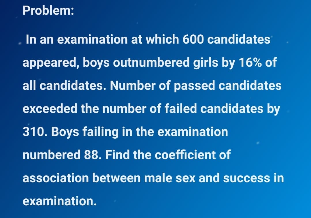 Problem:
In an examination at which 600 candidates
appeared, boys outnumbered girls by 16% of
all candidates. Number of passed candidates
exceeded the number of failed candidates by
310. Boys failing in the examination
numbered 88. Find the coefficient of
association between male sex and success in
examination.
