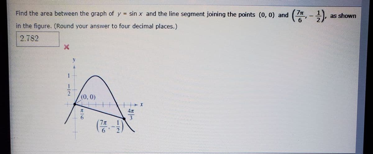 Find the area between the graph of y = sin x and the line segment joining the points (0, 0) and
6.
(주,-3), as shown
in the figure. (Round your answer to four decimal places.)
2.782
1.
1.
2.
(0,0)
4r
6.
3.
9.
