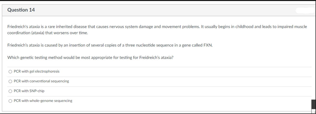 Question 14
Friedreich's ataxia is a rare inherited disease that causes nervous system damage and movement problems. It usually begins in childhood and leads to impaired muscle
coordination (ataxia) that worsens over time.
Friedreich's ataxia is caused by an insertion of several copies of a three nucleotide sequence in a gene called EXN.
Which genetic testing method would be most appropriate for testing for Freidreich's ataxia?
PCR with gel electrophoresis
O PCR with conventional sequencing
O PCR with SNP-chip
O PCR with whole-genome sequencing
