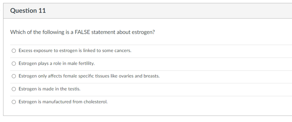 Question 11
Which of the following is a FALSE statement about estrogen?
O Excess exposure to estrogen is linked to some cancers.
Estrogen plays a role in male fertility.
O Estrogen only affects female specific tissues like ovaries and breasts.
O Estrogen is made in the testis.
O Estrogen is manufactured from cholesterol.
