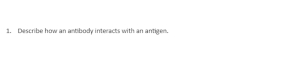 1. Describe how an antibody interacts with an antigen.