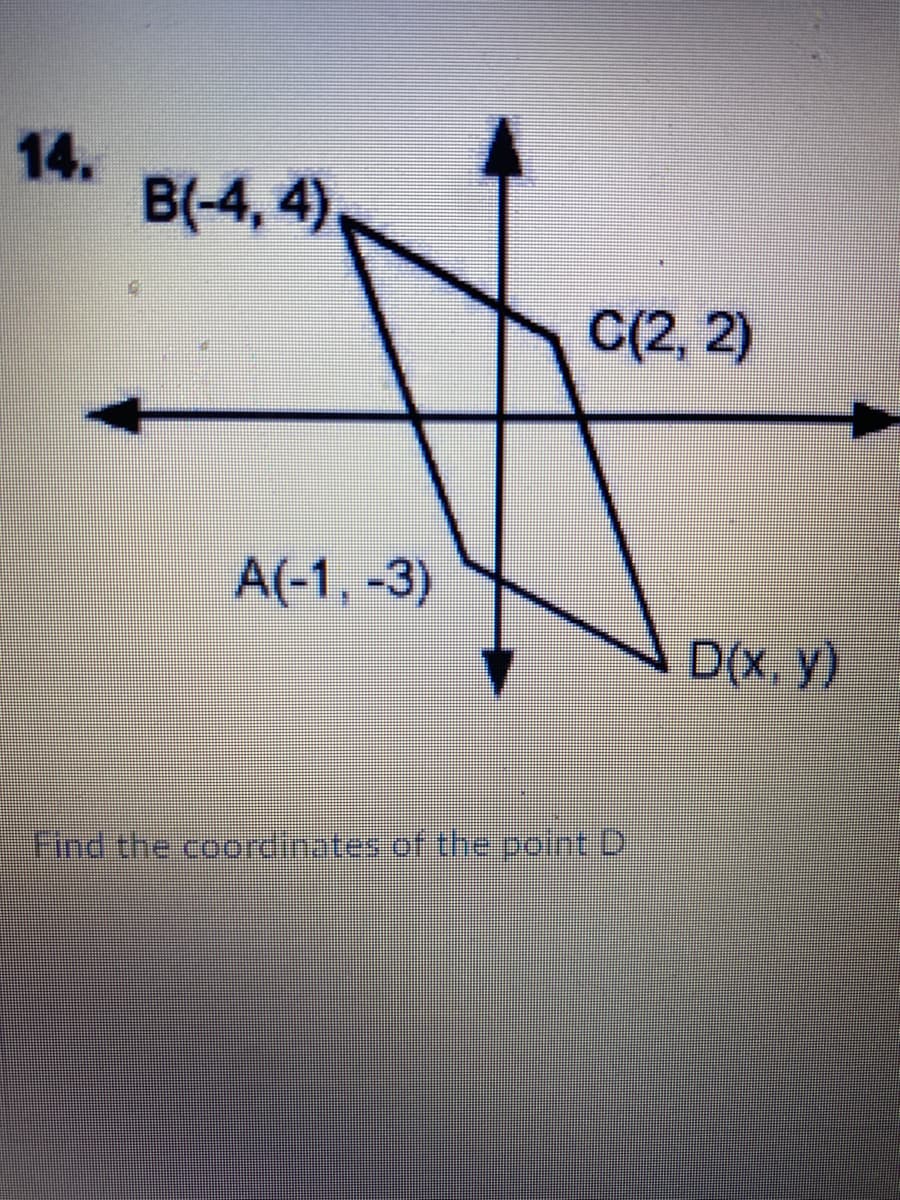 14.
B(-4, 4).
C(2, 2)
A(-1, -3)
D(x. y)
Find the coordinates of the point D
