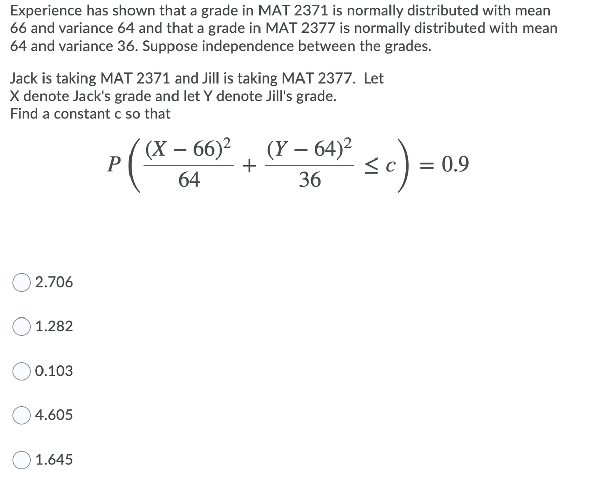 Experience has shown that a grade in MAT 2371 is normally distributed with mean
66 and variance 64 and that a grade in MAT 2377 is normally distributed with mean
64 and variance 36. Suppose independence between the grades.
Jack is taking MAT 2371 and Jill is taking MAT 2377. Let
X denote Jack's grade and let Y denote Jill's grade.
Find a constant c so that
(Y – 64)²
+
sc)-
(X – 66)?
= 0.9
64
36
2.706
1.282
0.103
4.605
1.645
VI
