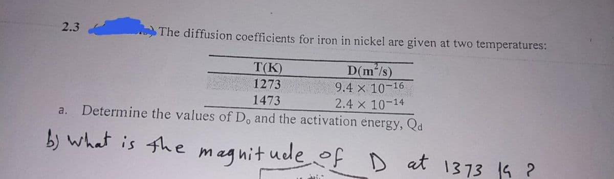 2.3
The diffusion coefficients for iron in nickel are given at two temperatures:
D(m/s)
9.4 × 10-16
2.4 x 10-14
Determine the values of Do and the activation energy, Qd
T(K)
1273
1473
a.
b) what is the magnit udeof D at 1373 19 ?
