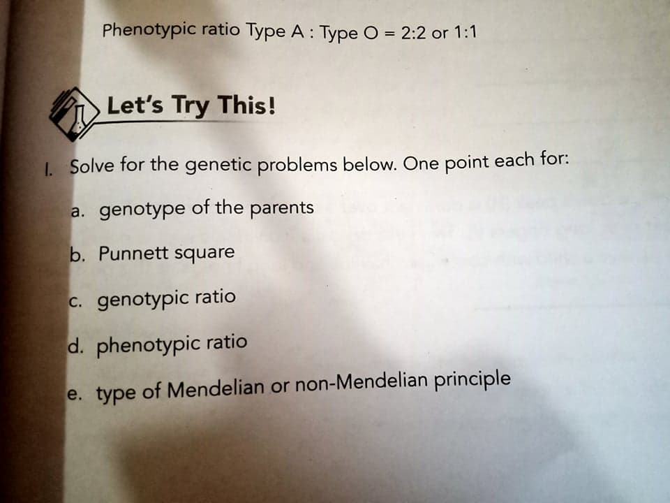 Phenotypic ratio Type A : Type O = 2:2 or 1:1
Let's Try This!
I1. Solve for the genetic problems below. One point each for:
a. genotype of the parents
b. Punnett square
C. genotypic ratio
d. phenotypic ratio
e. type of Mendelian or non-Mendelian principle
