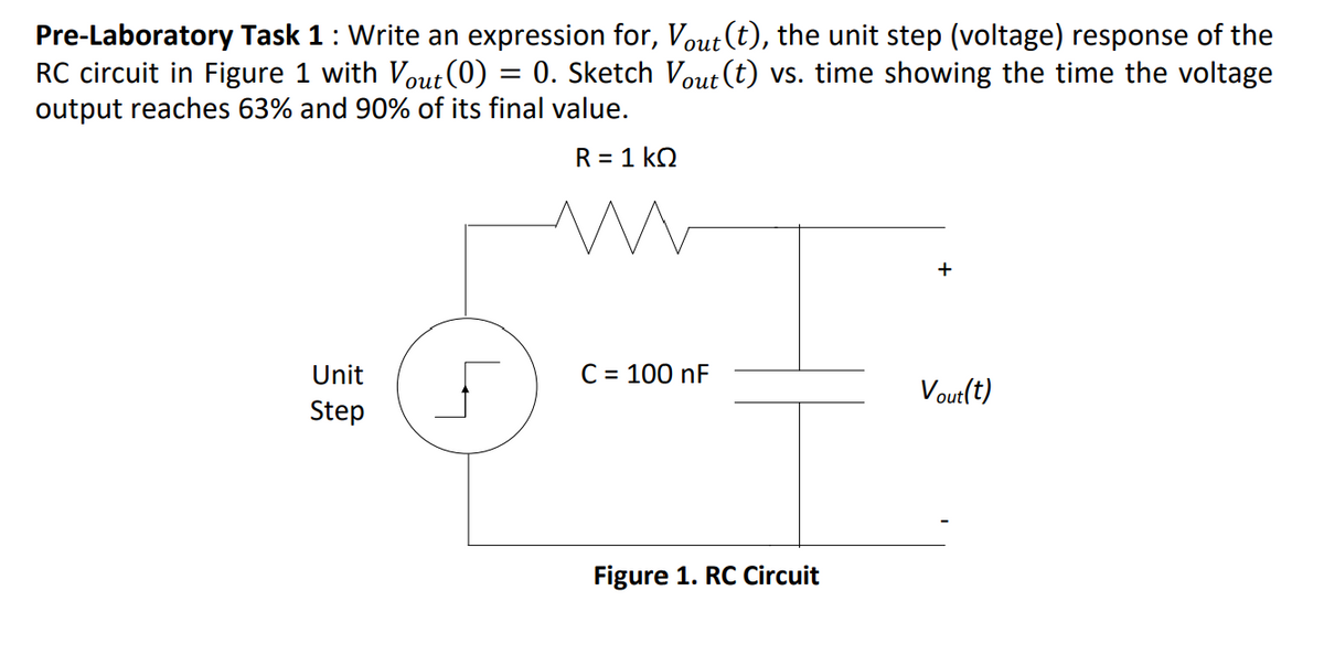 Pre-Laboratory Task 1: Write an expression for, Vout (t), the unit step (voltage) response of the
RC circuit in Figure 1 with Vout (0) = 0. Sketch Vout (t) vs. time showing the time the voltage
output reaches 63% and 90% of its final value.
R = 1 kQ
+
Unit
C = 100 nF
Vout(t)
Step
Figure 1. RC Circuit
Lay

