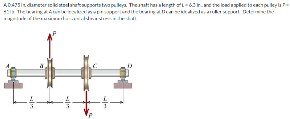 A0.475 in. diameter solid steel shaft supports two pulleys. The shaft has a length of L= 6.3 in., and the load applied to each pulley is P =
61 lb. The bearing at A can be idealized as a pin support and the bearing at D can be idealized as a roller support. Determine the
magnitude of the maximum horizontal shear stress in the shaft.
B
